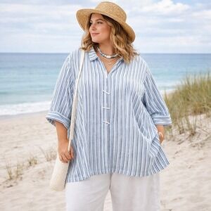Ali Miles Tunic Top Womens 2X Blue Striped Button Coastal Boho Lagenlook Resort